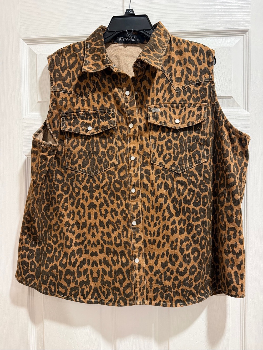 Lucky & Blessed Brown and Black Leopard Print Sleeveless Button-Front Top